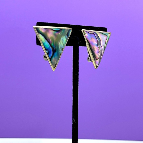 Jewelry - Vintage 1980s Silver and Abalone Shell Triangle Clip on Earrings